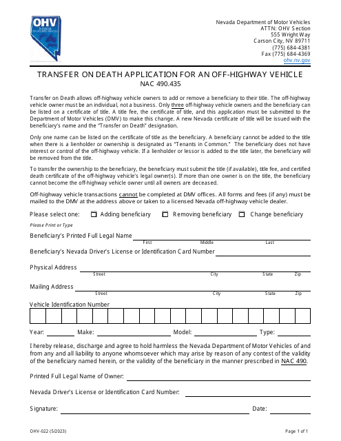 Form OHV-022 Transfer on Death Application for an Off-Highway Vehicle - Nevada