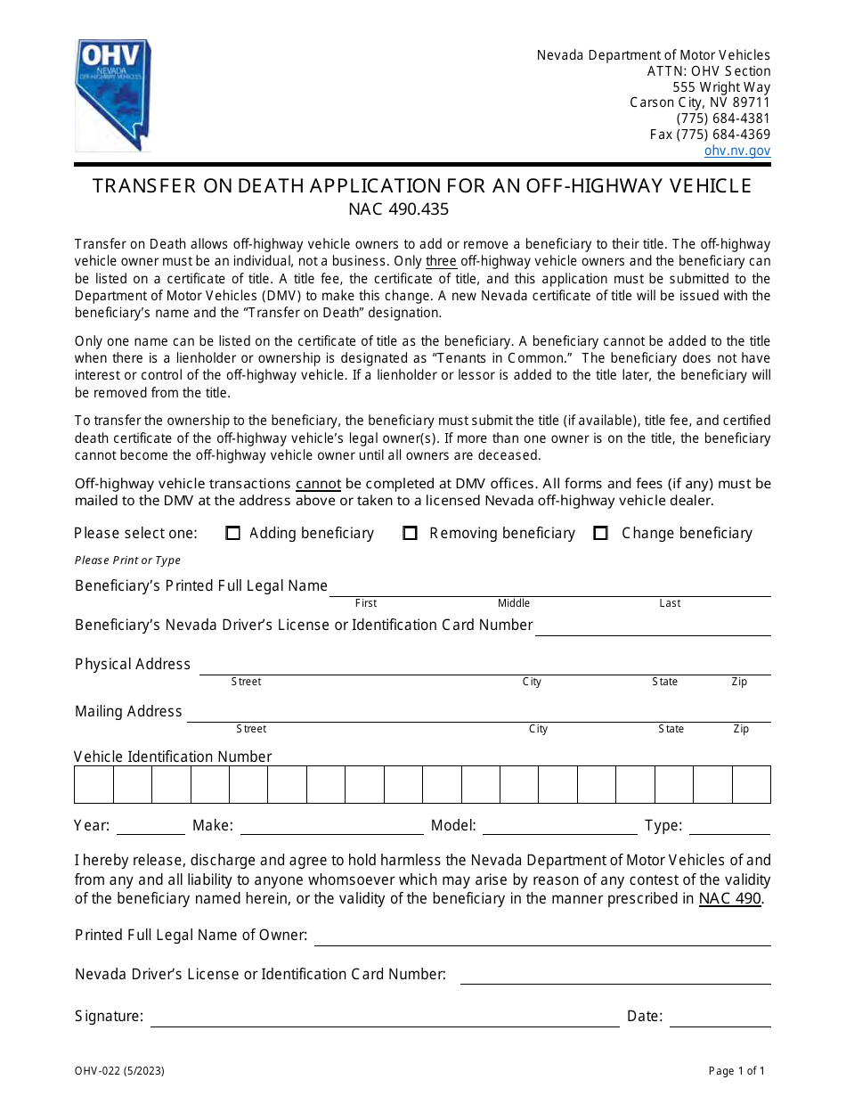 Form OHV-022 Transfer on Death Application for an Off-Highway Vehicle - Nevada, Page 1