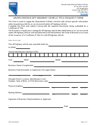 Document preview: Form OHV-026 Un-recovered Off-Highway Vehicle Title Request Form - Nevada