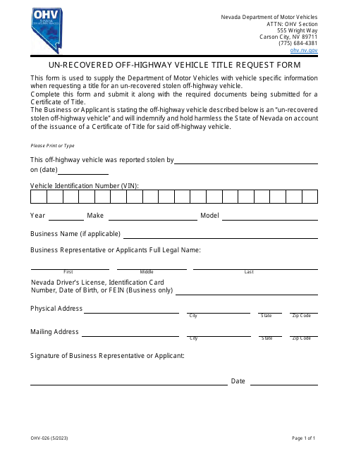 Form OHV-026 Un-recovered Off-Highway Vehicle Title Request Form - Nevada