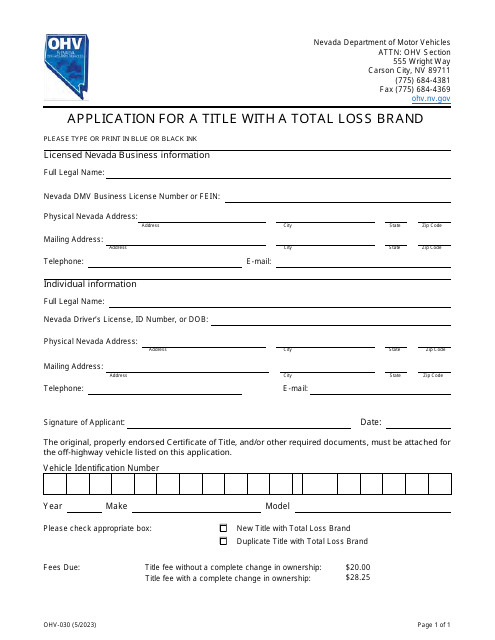 Form OHV-030 Application for a Title With a Total Loss Brand - Nevada