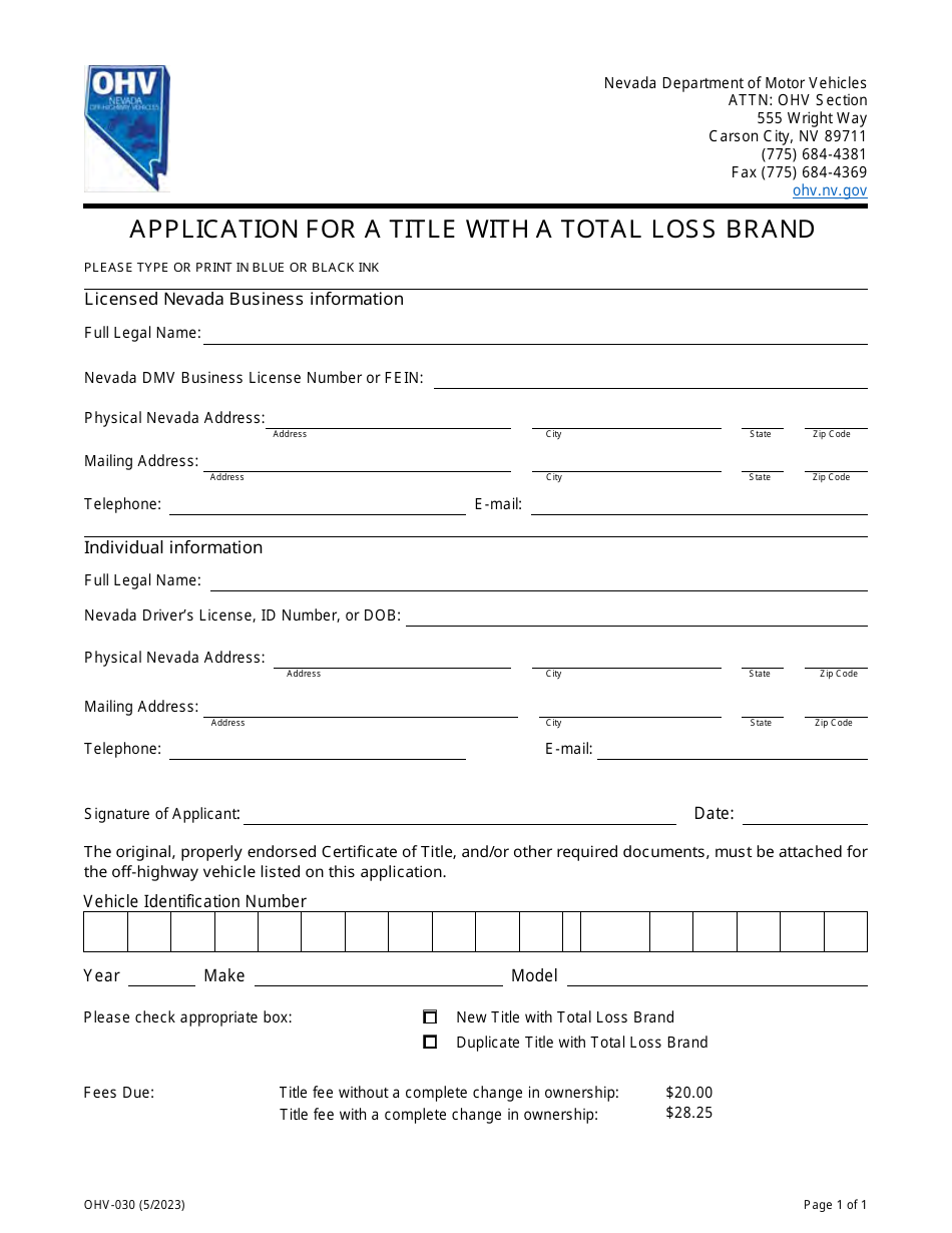 Form OHV-030 Application for a Title With a Total Loss Brand - Nevada, Page 1