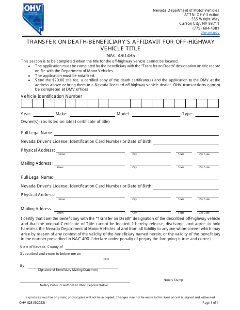 Form OHV-023 Transfer on Death-Beneficiary's Affidavit for Off-Highway Vehicle Title - Nevada