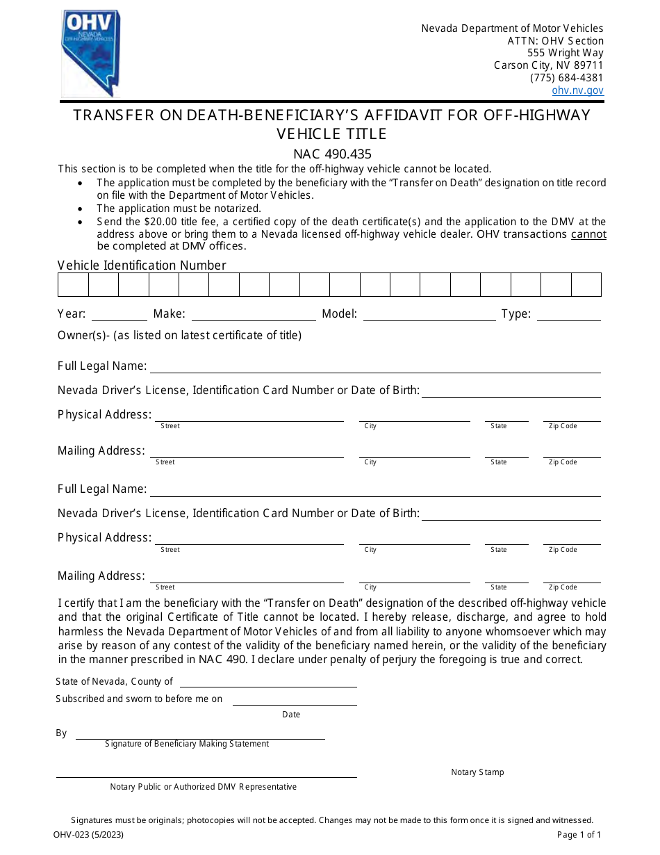 Form OHV-023 Transfer on Death-Beneficiarys Affidavit for Off-Highway Vehicle Title - Nevada, Page 1