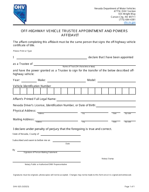 Form OHV-025 Off-Highway Vehicle Trustee Appointment and Powers Affidavit - Nevada