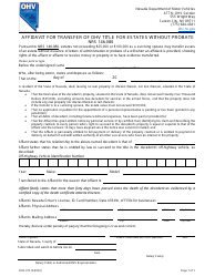 Document preview: Form OHV-015 Affidavit for Transfer of OHV Title for Estates Without Probate - Nevada