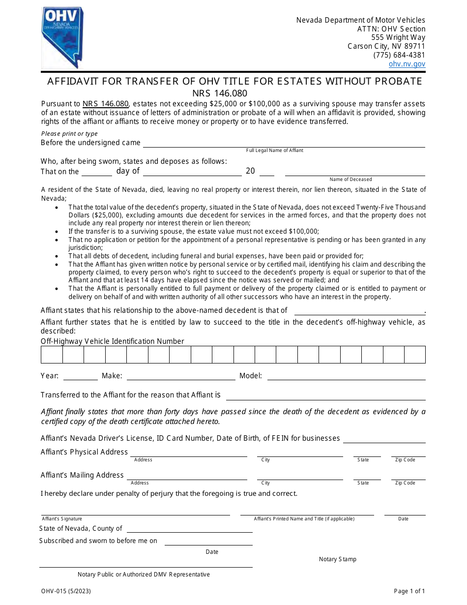 Form OHV-015 Affidavit for Transfer of OHV Title for Estates Without Probate - Nevada, Page 1