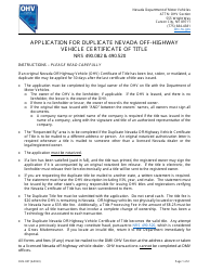 Form OHV-007 Application for Duplicate Nevada Off-Highway Vehicle Certificate of Title - Nevada