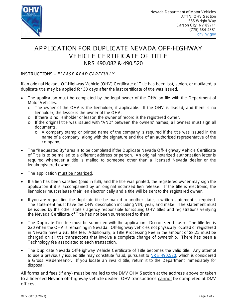Form OHV-007 Application for Duplicate Nevada Off-Highway Vehicle Certificate of Title - Nevada, Page 1