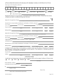 Form OHV-007 Application for Duplicate Nevada Off-Highway Vehicle Certificate of Title - Nevada, Page 2