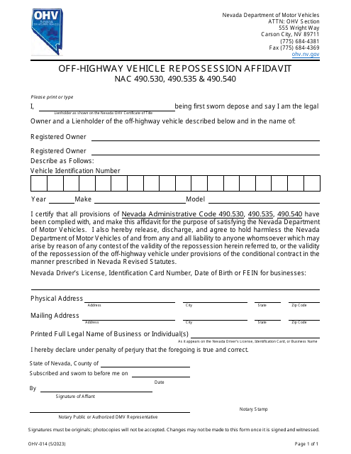 Form OHV-014 Off-Highway Vehicle Repossession Affidavit - Nevada