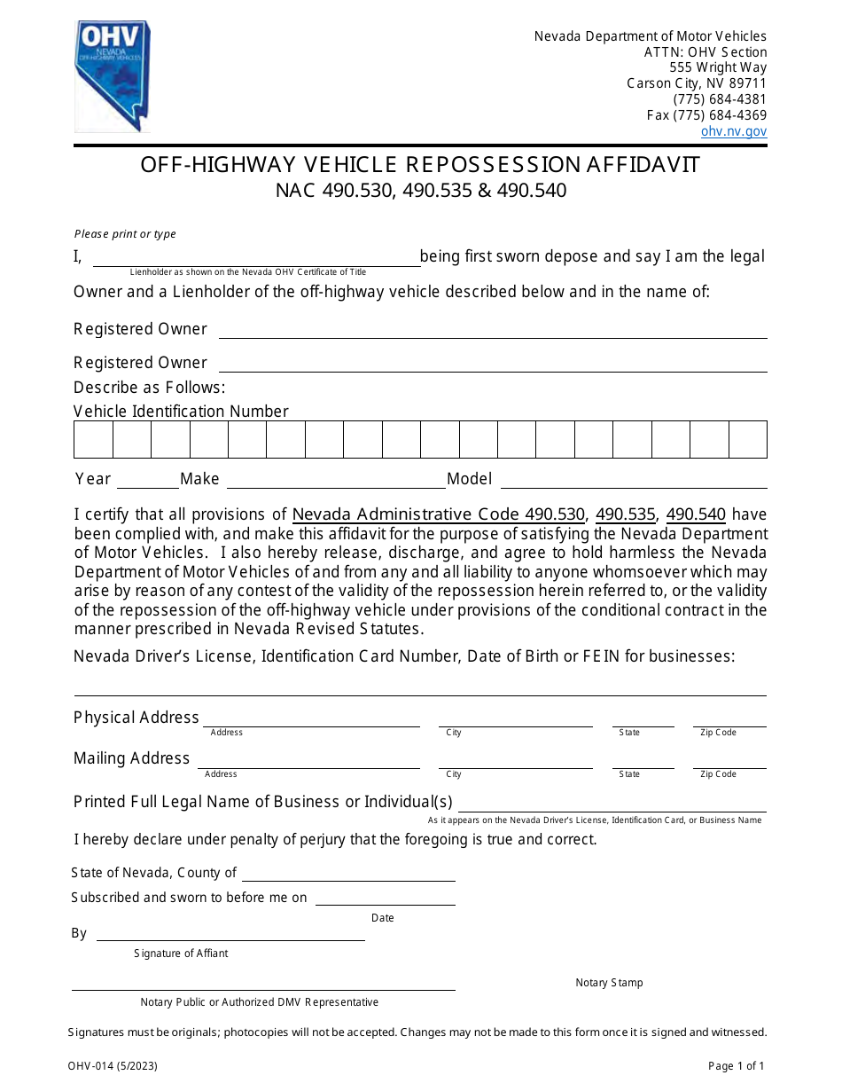 Form OHV-014 Download Fillable PDF or Fill Online Off-Highway Vehicle ...