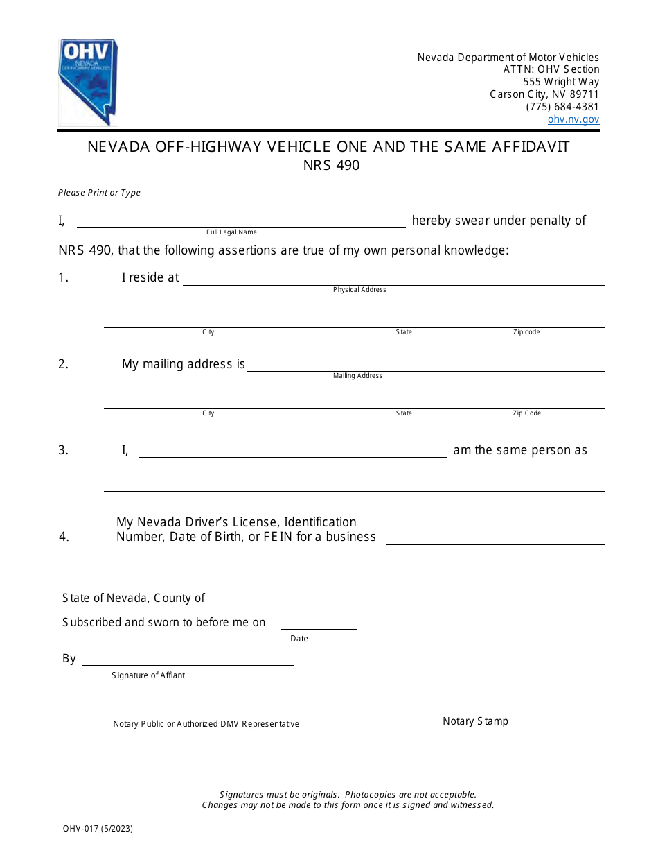 Form OHV-017 Nevada Off-Highway Vehicle One and the Same Affidavit - Nevada, Page 1