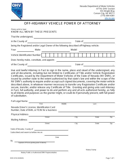 Form OHV-016 Off-Highway Vehicle Power of Attorney - Nevada