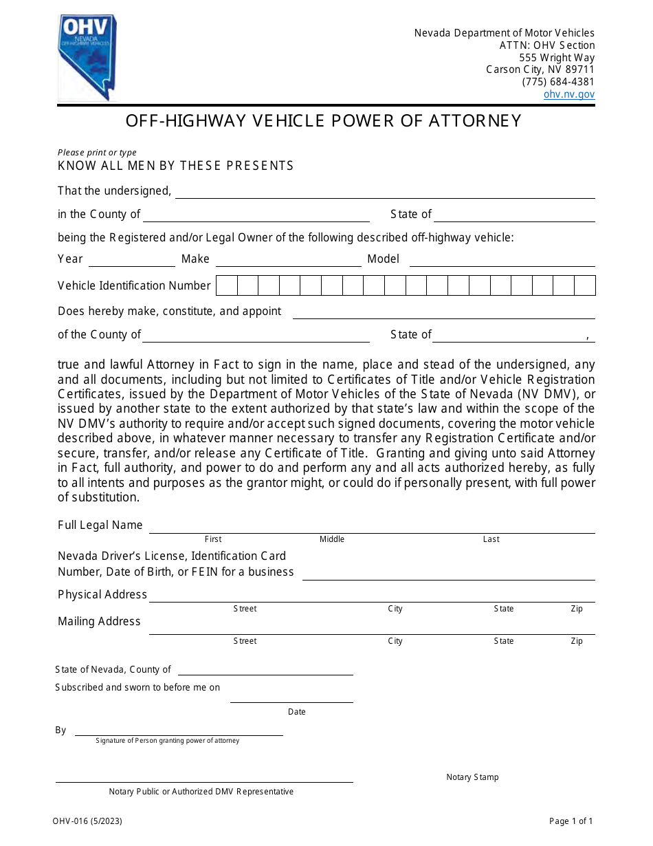 Form OHV-016 Off-Highway Vehicle Power of Attorney - Nevada, Page 1