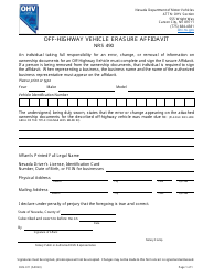 Document preview: Form OHV-011 Off-Highway Vehicle Erasure Affidavit - Nevada