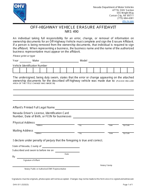 Form OHV-011 Off-Highway Vehicle Erasure Affidavit - Nevada
