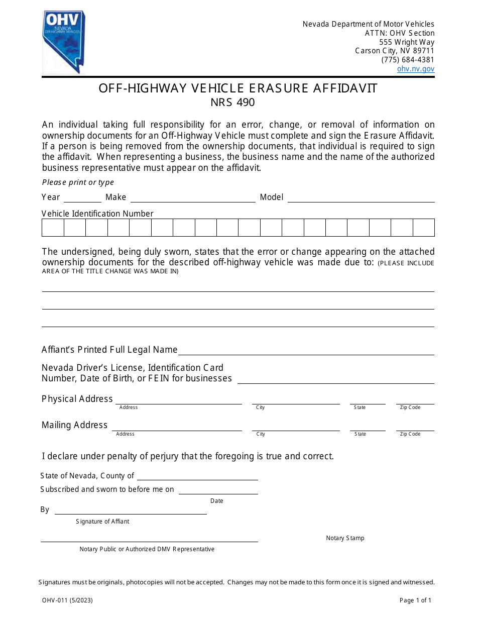 Form OHV-011 Off-Highway Vehicle Erasure Affidavit - Nevada, Page 1