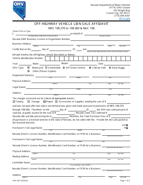 Form OHV-027 Off-Highway Vehicle Lien Sale Affidavit - Nevada