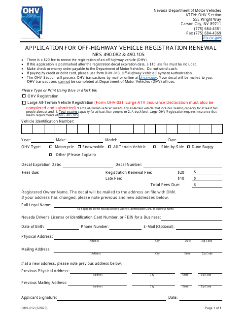 Form OHV-012 Application for Off-Highway Vehicle Registration Renewal - Nevada