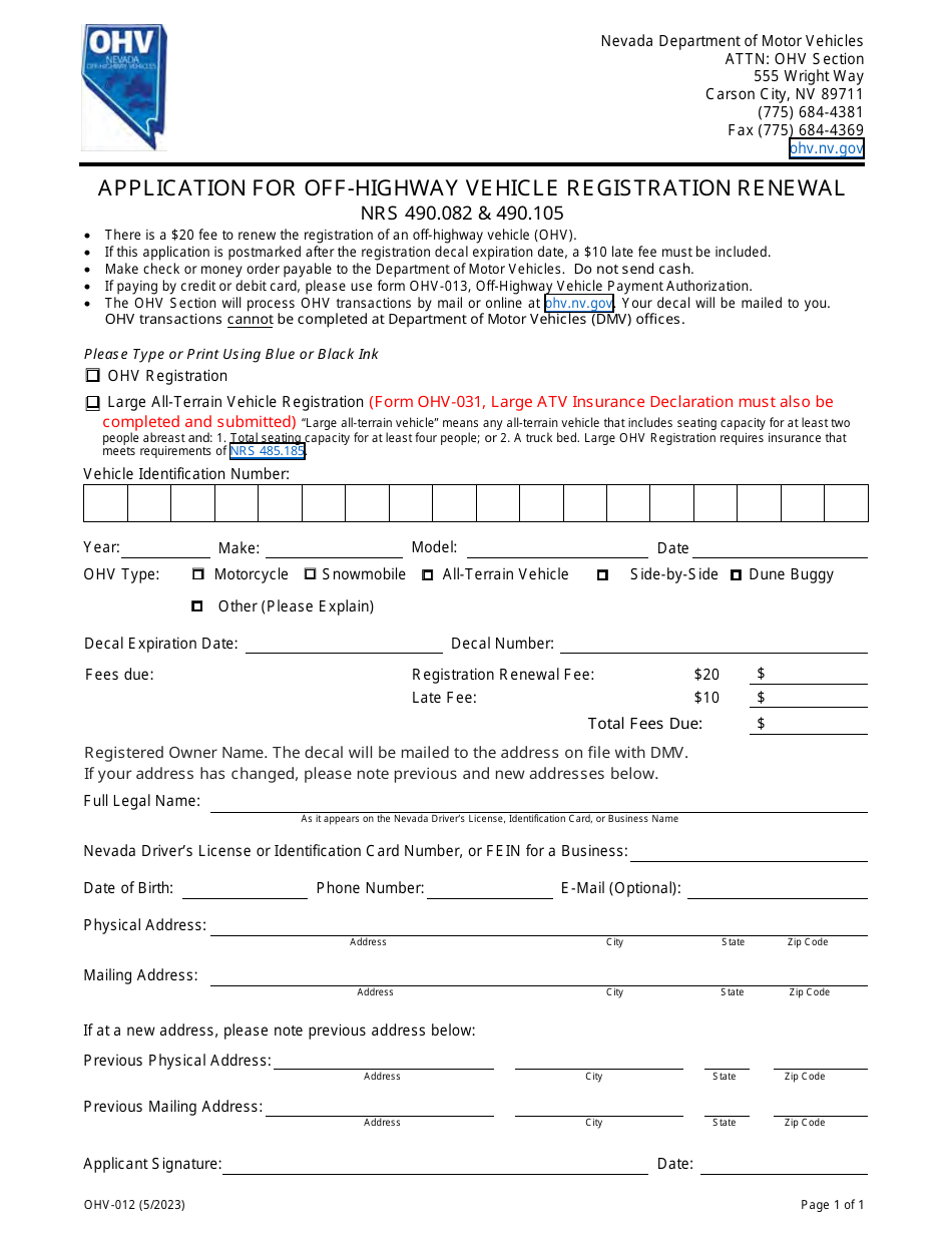 Form OHV-012 Application for Off-Highway Vehicle Registration Renewal - Nevada, Page 1