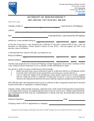 Document preview: Form OHV-019 Affidavit of Non-residency - Nevada