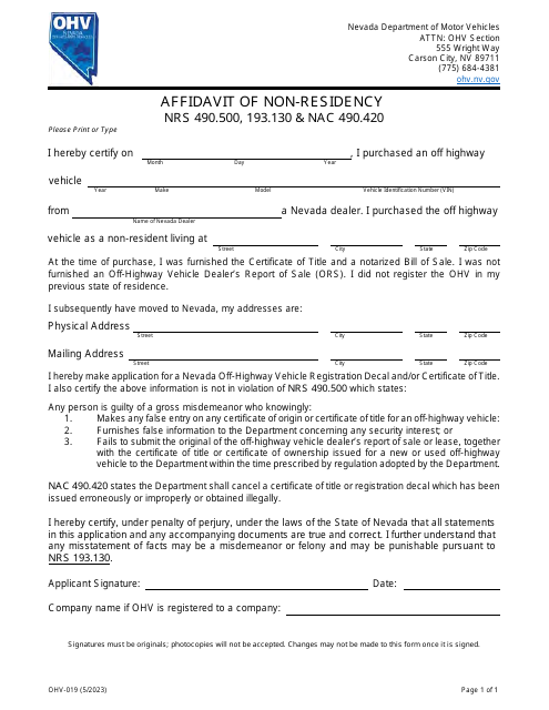 Form OHV-019 Affidavit of Non-residency - Nevada