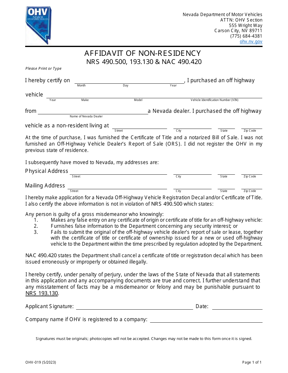 Form OHV-019 Affidavit of Non-residency - Nevada, Page 1