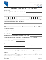 Document preview: Form OHV-024 Off-Highway Vehicle Lost Title Affidavit - Nevada