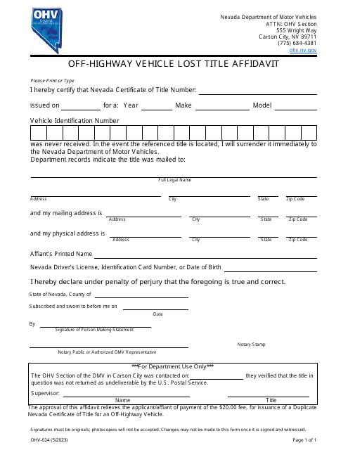 Form OHV-024 Off-Highway Vehicle Lost Title Affidavit - Nevada