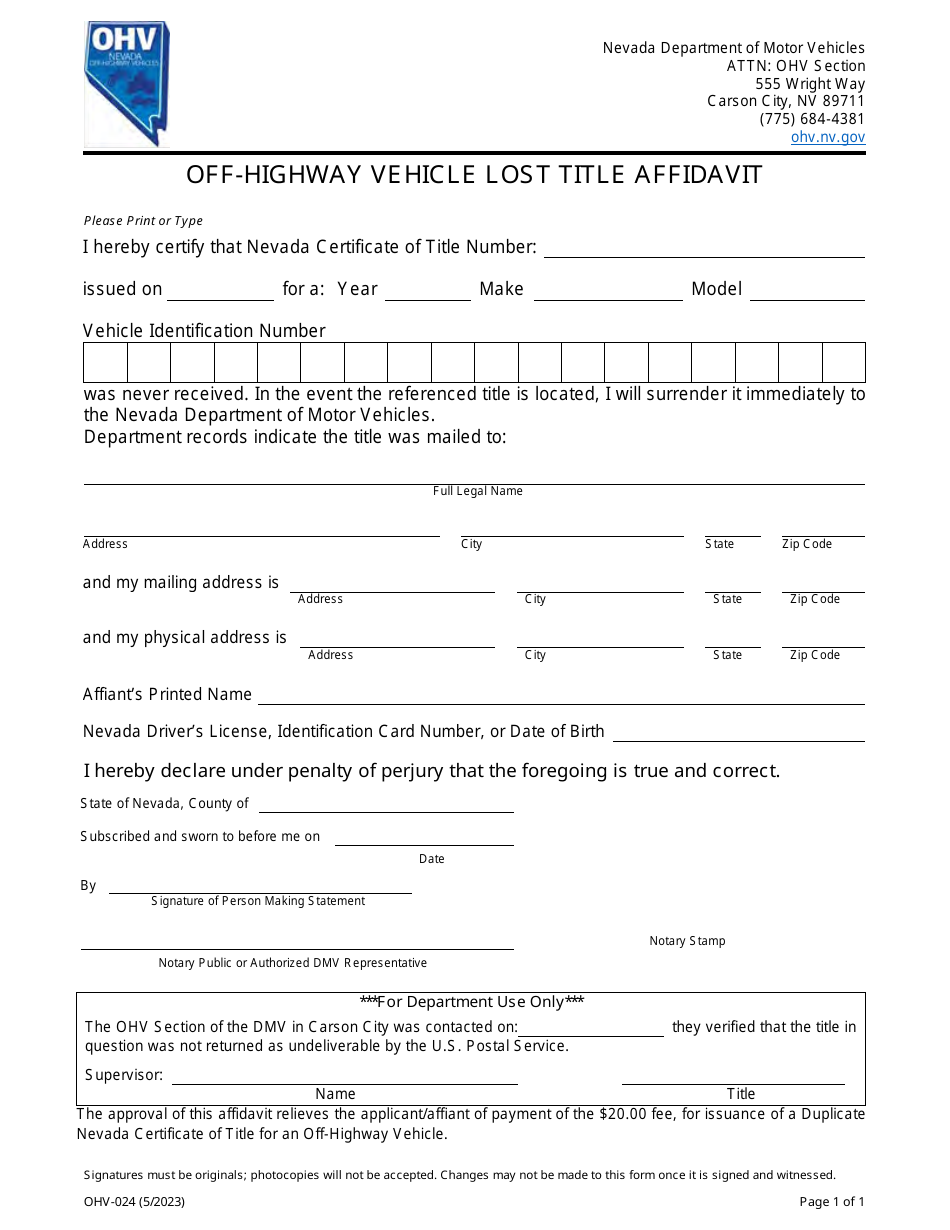 Form OHV-024 Off-Highway Vehicle Lost Title Affidavit - Nevada, Page 1