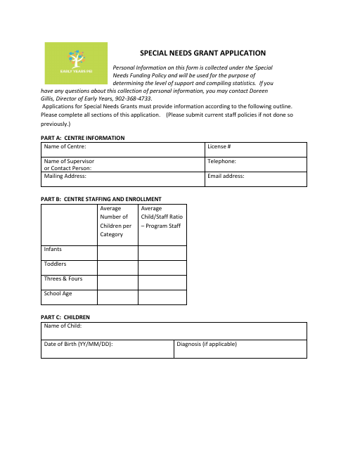 Special Needs Grant Application - Prince Edward Island, Canada Download Pdf