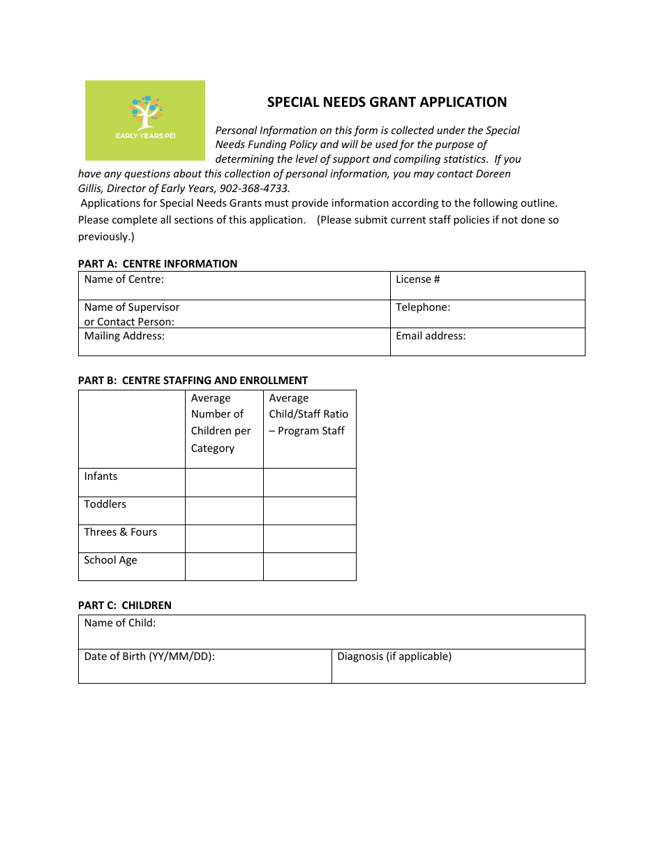 Prince Edward Island Canada Special Needs Grant Application Download