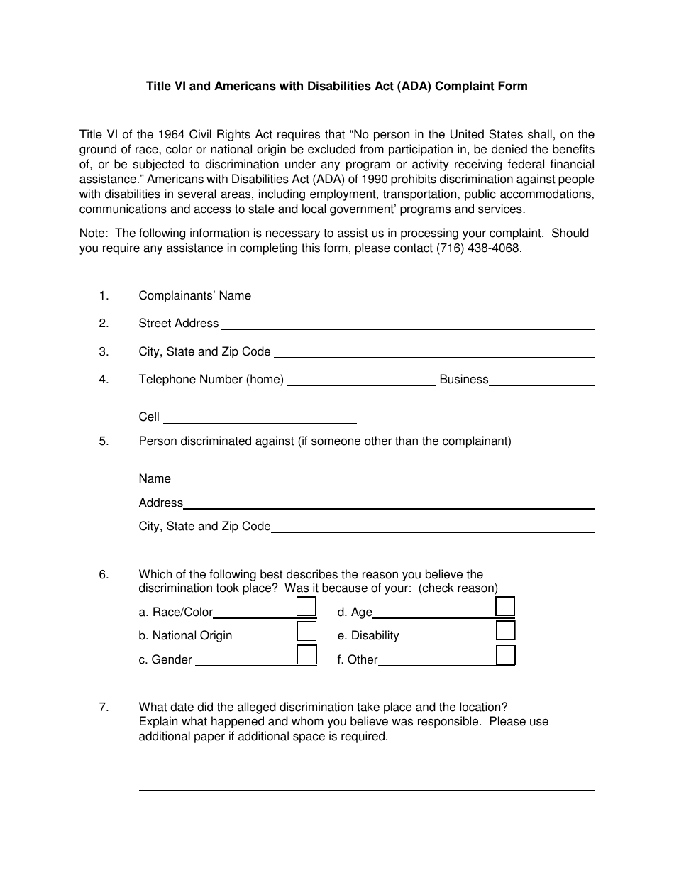 Title VI and Americans With Disabilities Act (Ada) Complaint Form - Niagara County, New York, Page 1