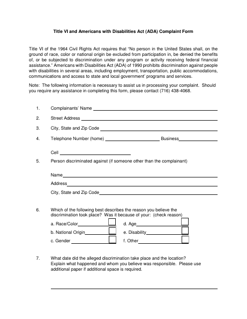Title VI and Americans With Disabilities Act (Ada) Complaint Form - Niagara County, New York Download Pdf