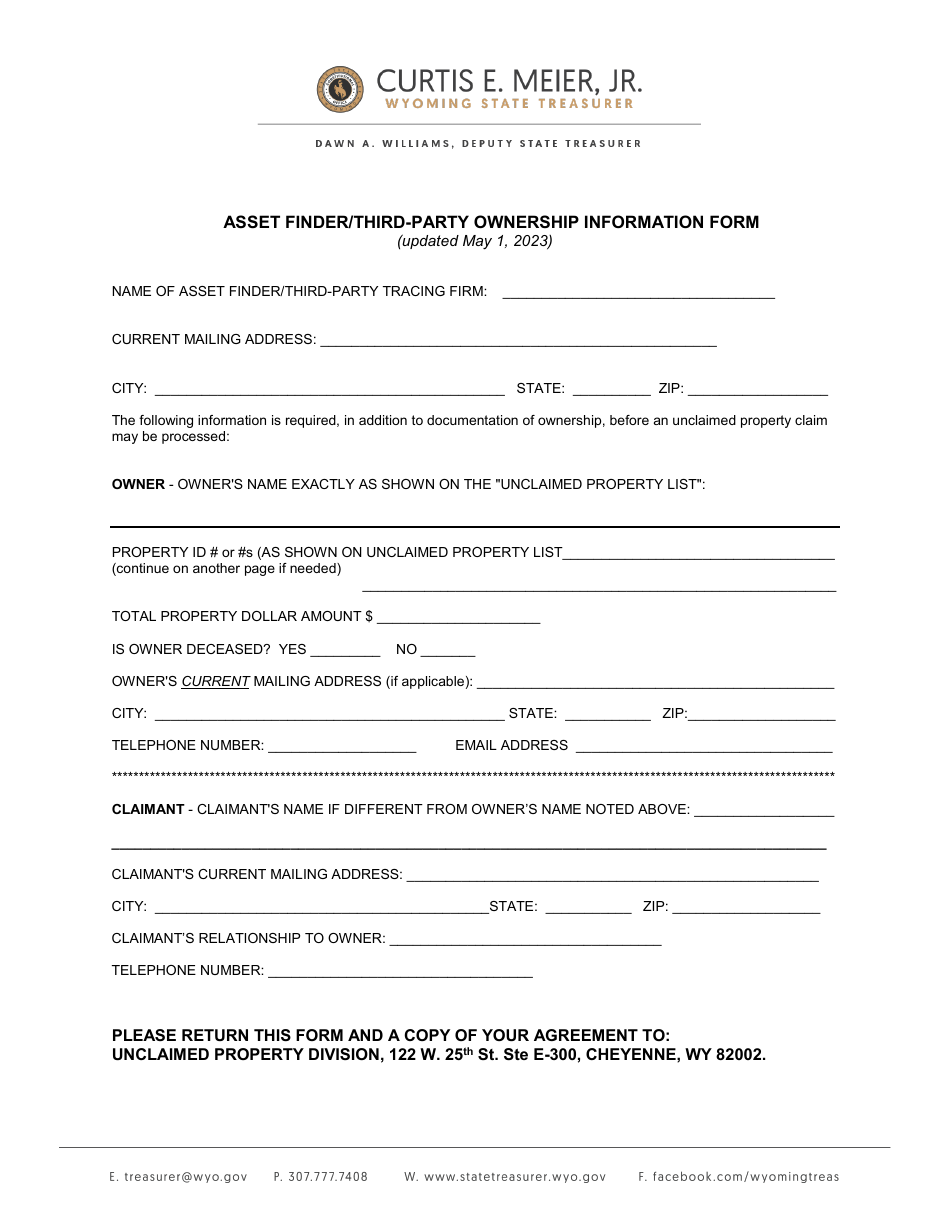 Wyoming Asset Finder/ThirdParty Ownership Information Form Fill Out