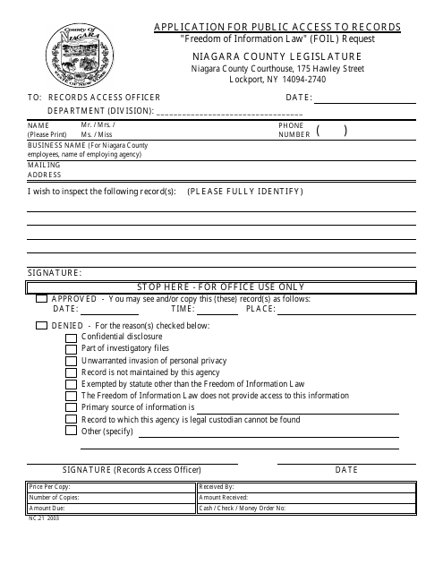 Form NC.21 Application for Public Access to Records - "freedom of Information Law" (Foil) Request - Niagara County, New York