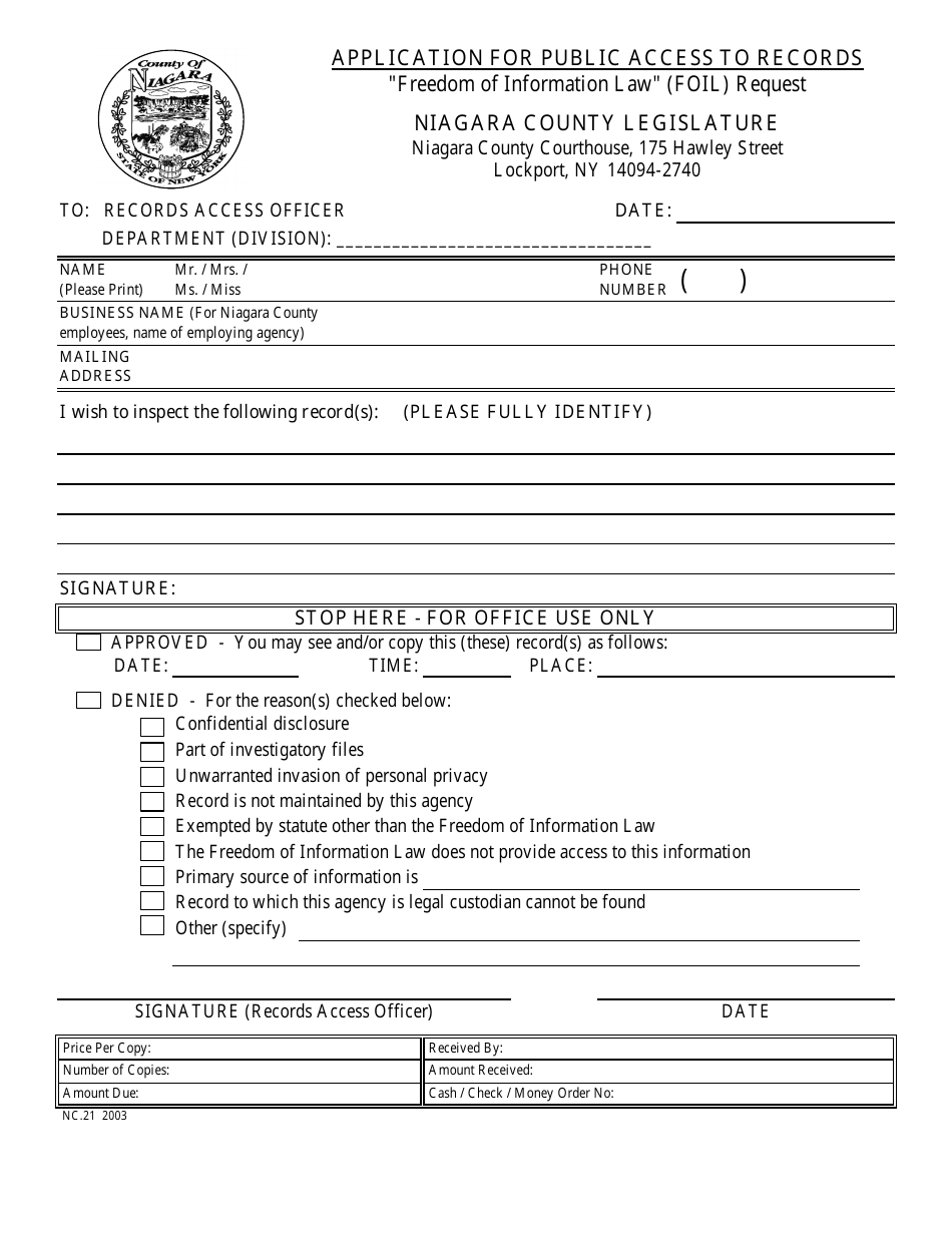 Form NC.21 Application for Public Access to Records - freedom of Information Law (Foil) Request - Niagara County, New York, Page 1