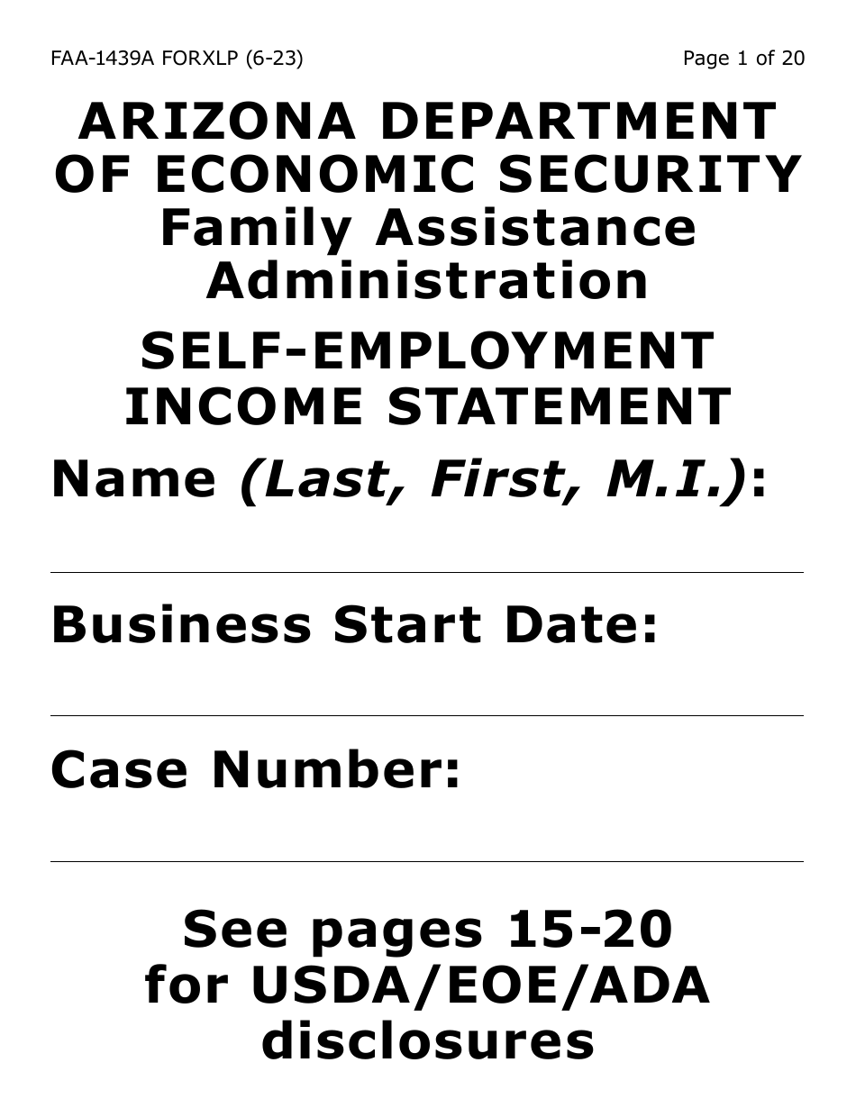 Form FAA-1439A-XLP Self-employment Income Statement - Extra Large Print - Arizona, Page 1