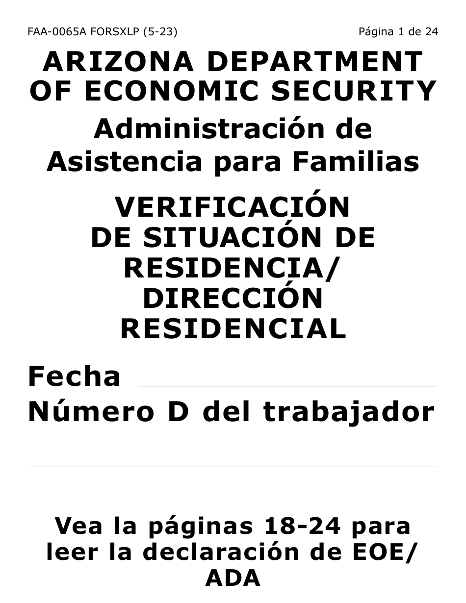 Formulario FAA-0065A-SXLP Verificacion De Situacion De Residencia / Direccion Residencial (Letra Extra Grande) - Arizona (Spanish), Page 1