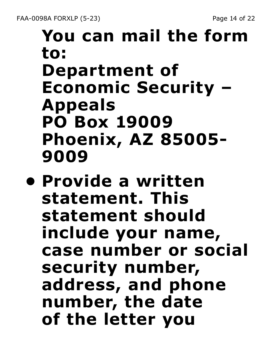 Form FAA-0098A-XLP Hearing Request (Extra Large Print) - Arizona, Page 14