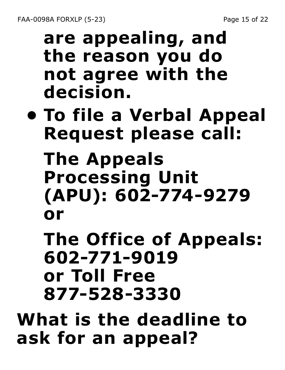 Form FAA-0098A-XLP Hearing Request (Extra Large Print) - Arizona, Page 15