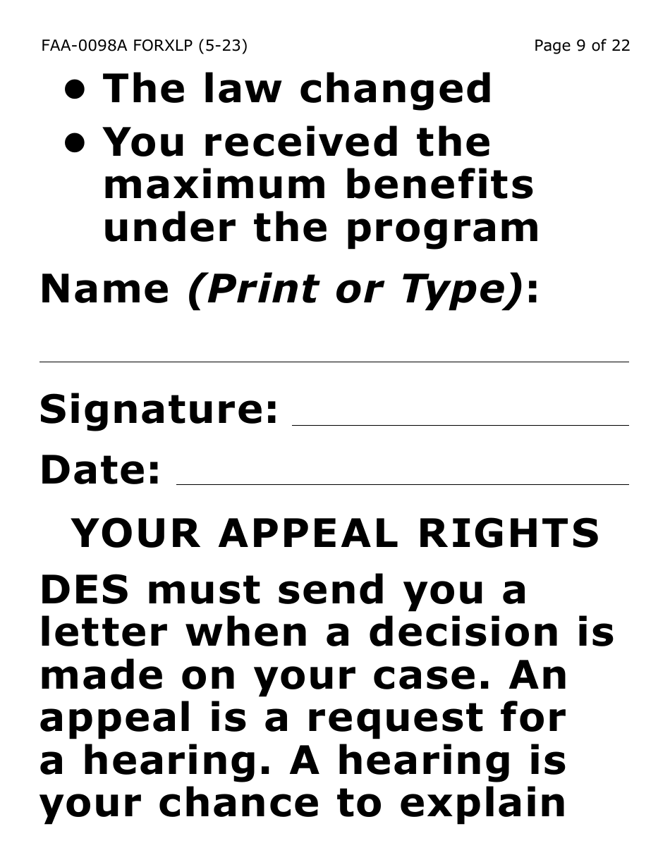 Form FAA-0098A-XLP Hearing Request (Extra Large Print) - Arizona, Page 9