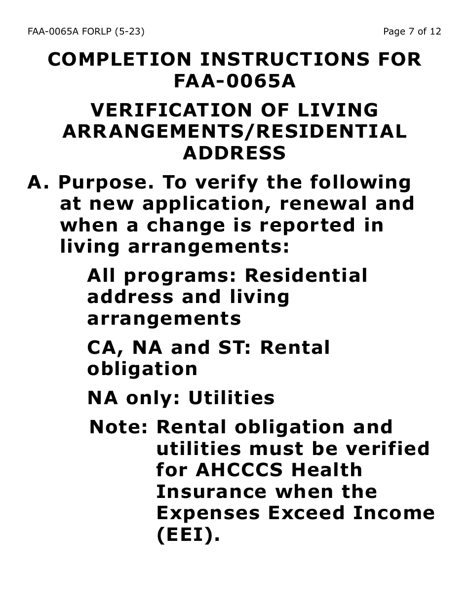 Form FAA-0065A-LP Verification of Living Arrangements / Residential Address - Large Print - Arizona, Page 7