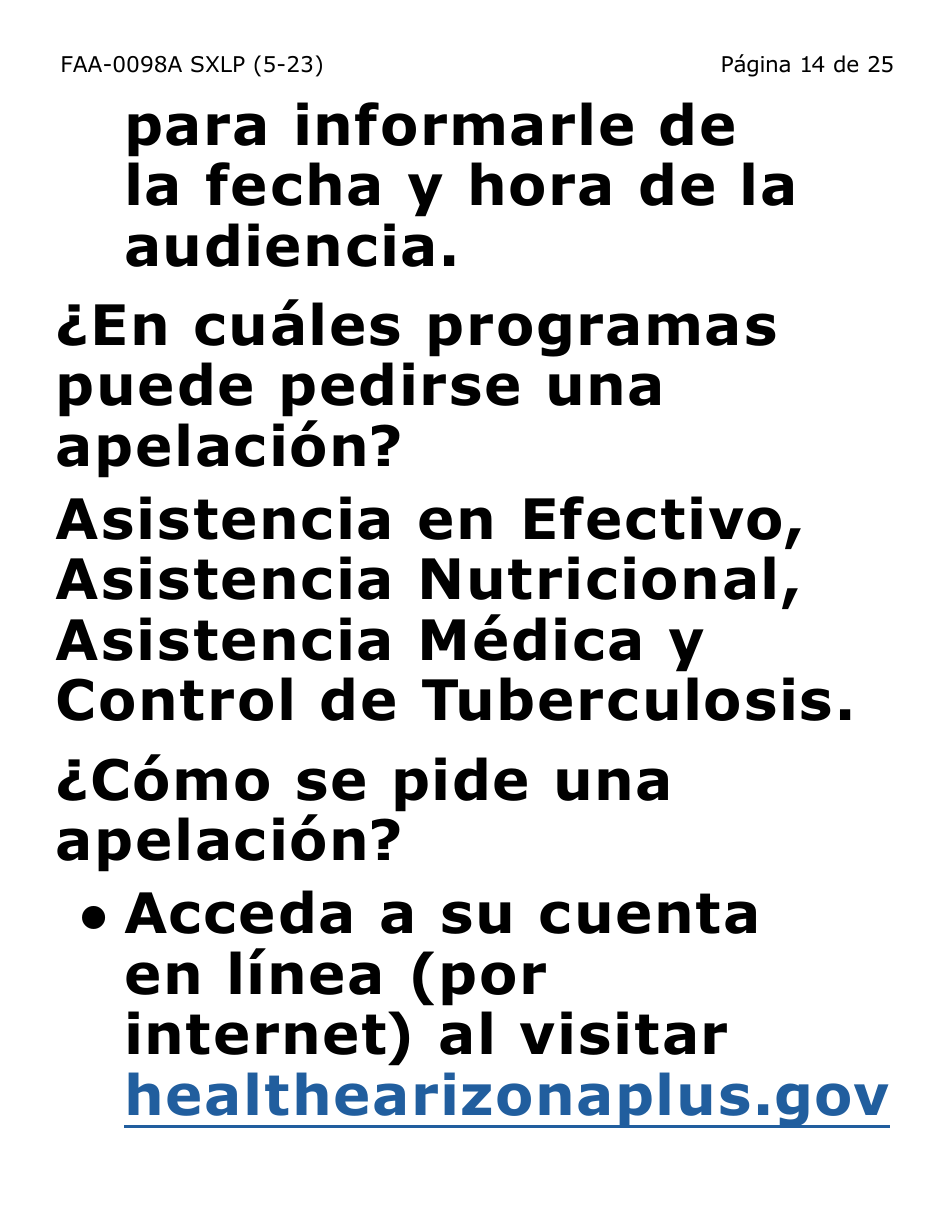 Formulario FAA-0098A-SXLP Solicitud De Apelacion (Letra Extra Grande) - Arizona (Spanish), Page 14
