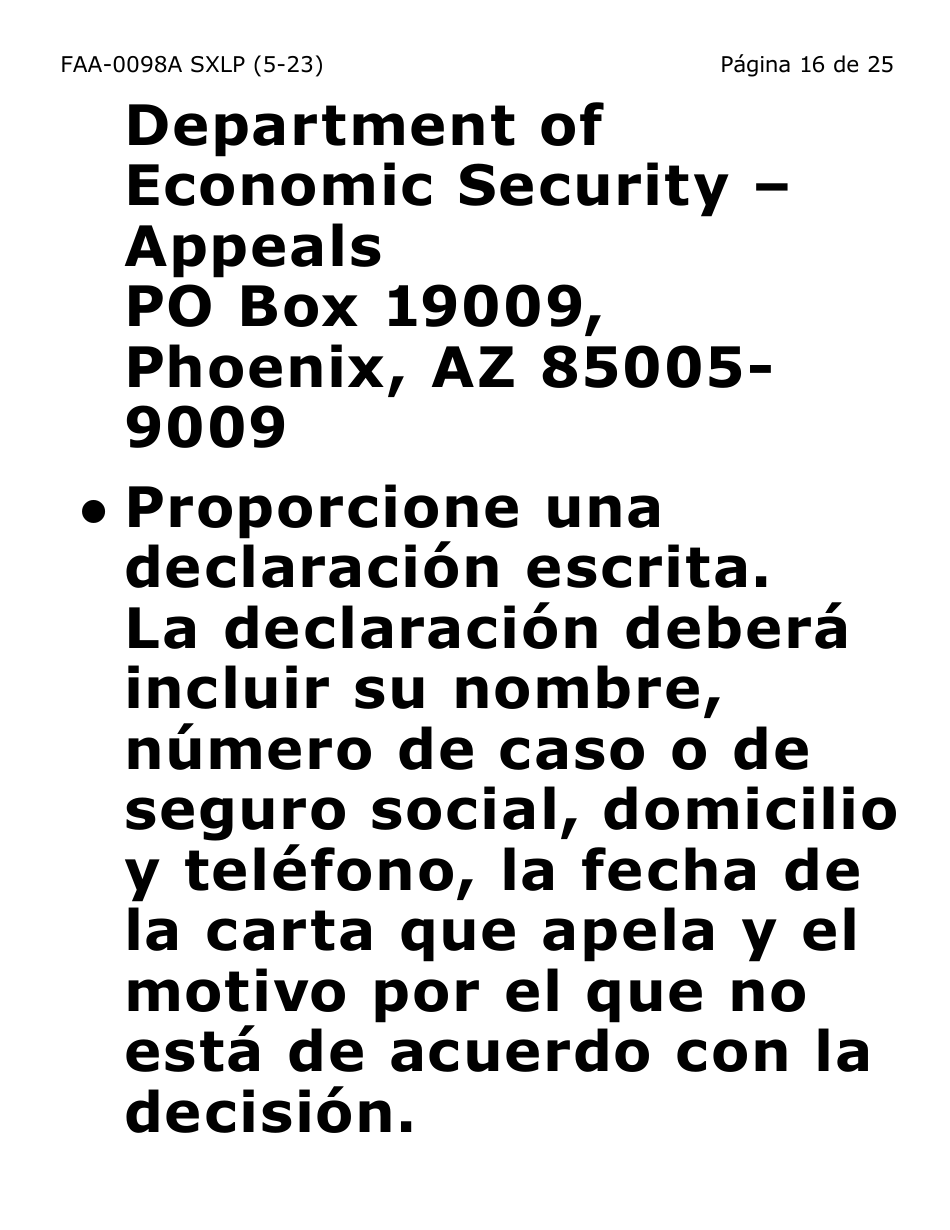 Formulario FAA-0098A-SXLP Solicitud De Apelacion (Letra Extra Grande) - Arizona (Spanish), Page 16