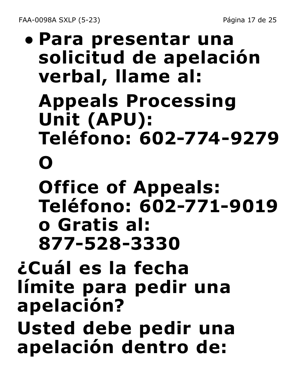 Formulario FAA-0098A-SXLP Solicitud De Apelacion (Letra Extra Grande) - Arizona (Spanish), Page 17