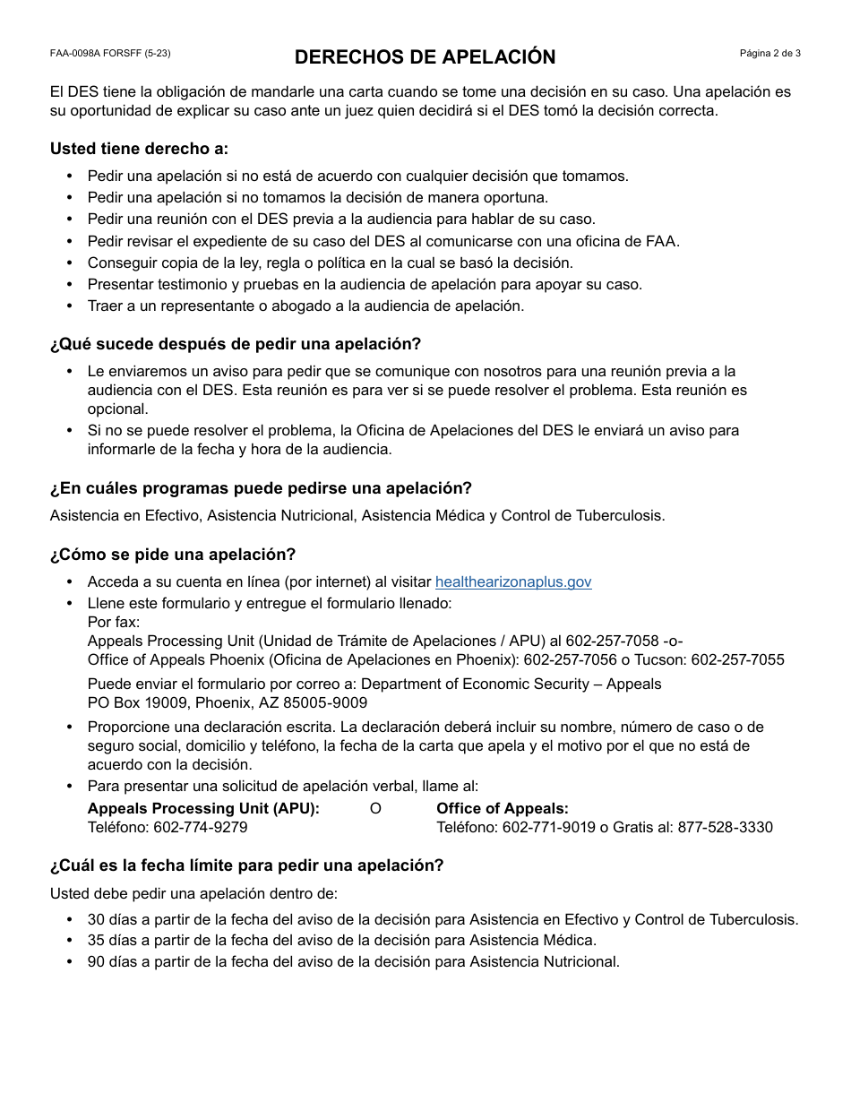 Formulario FAA-0098A-S Solicitud De Apelacion - Arizona (Spanish), Page 2