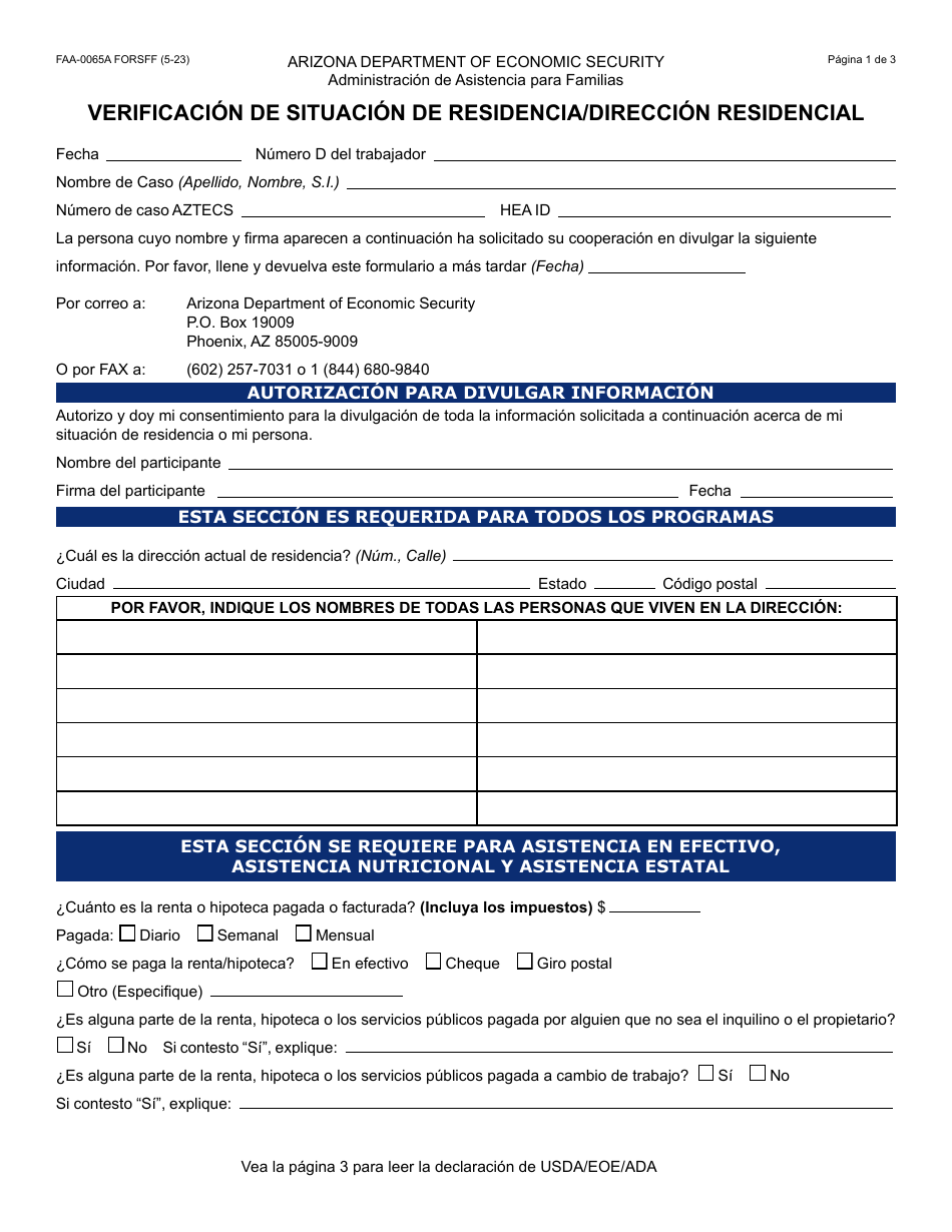 Formulario FAA-0065A-S Verificacion De Situacion De Residencia / Direccion Residencial - Arizona (Spanish), Page 1