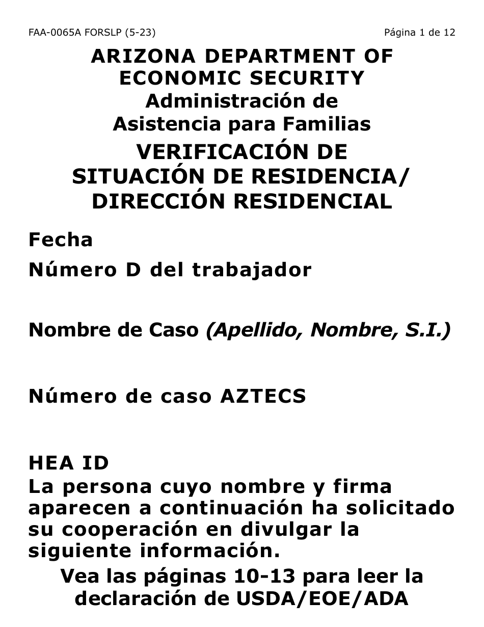 Formulario FAA-0065A-SLP Verificacion De Situacion De Residencia / Direccion Residencial - Letra Grande - Arizona (Spanish), Page 1